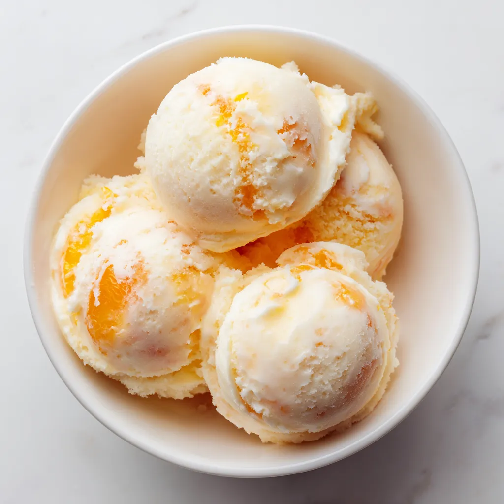 A bowl of white peach and orange blossom sorbet.