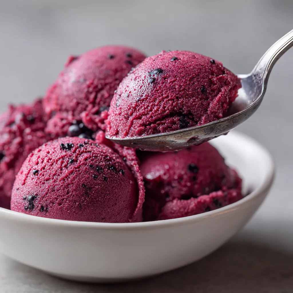A bowl of blackberry lavender sorbet.