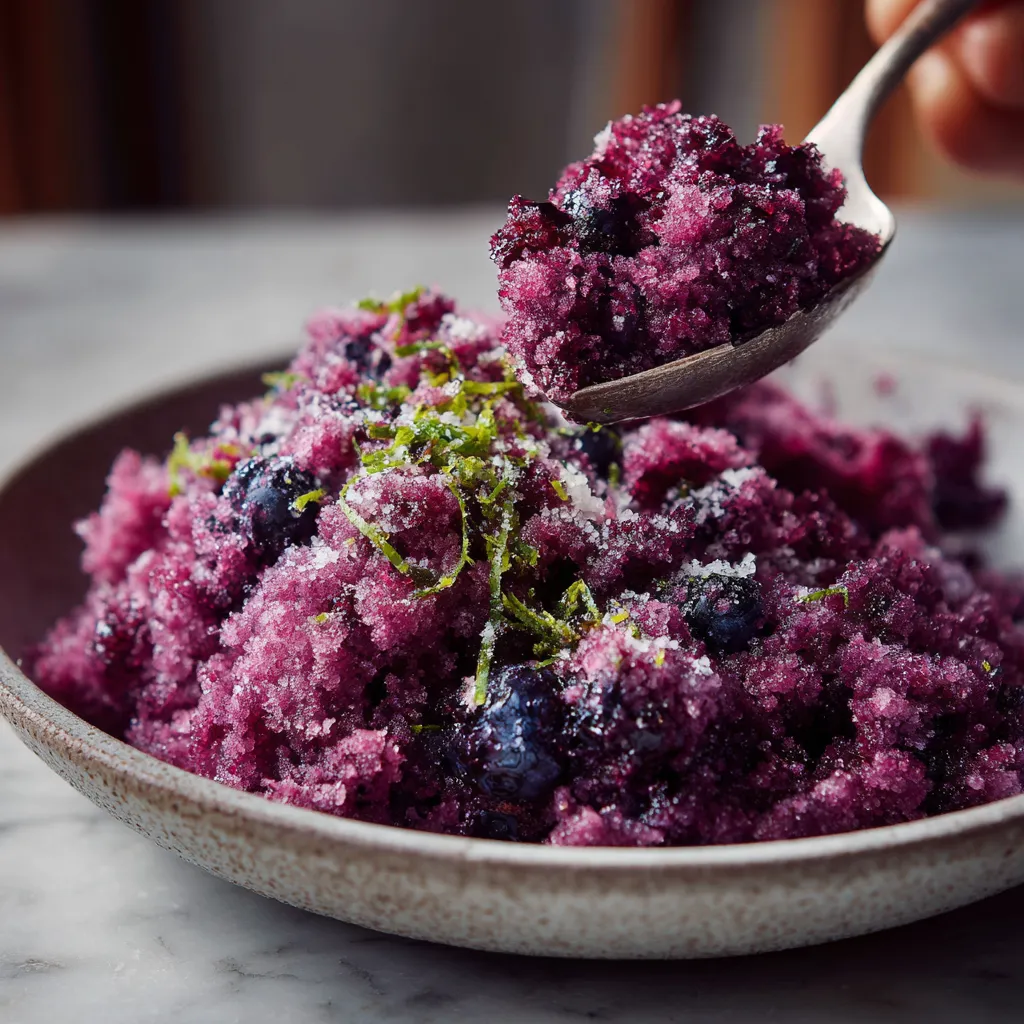 A spoon is scooping up a blueberry lemon thyme granita.