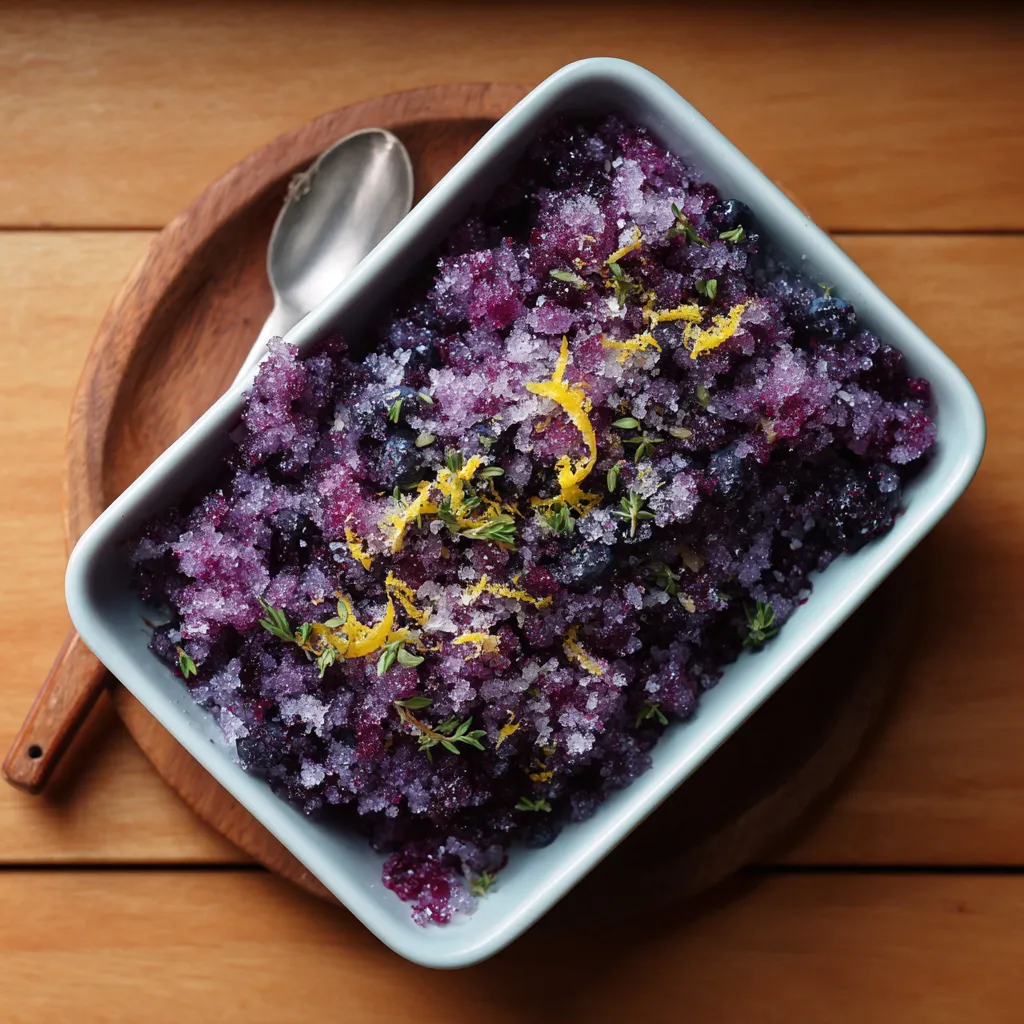 A bowl of blueberry lemon thyme granita.