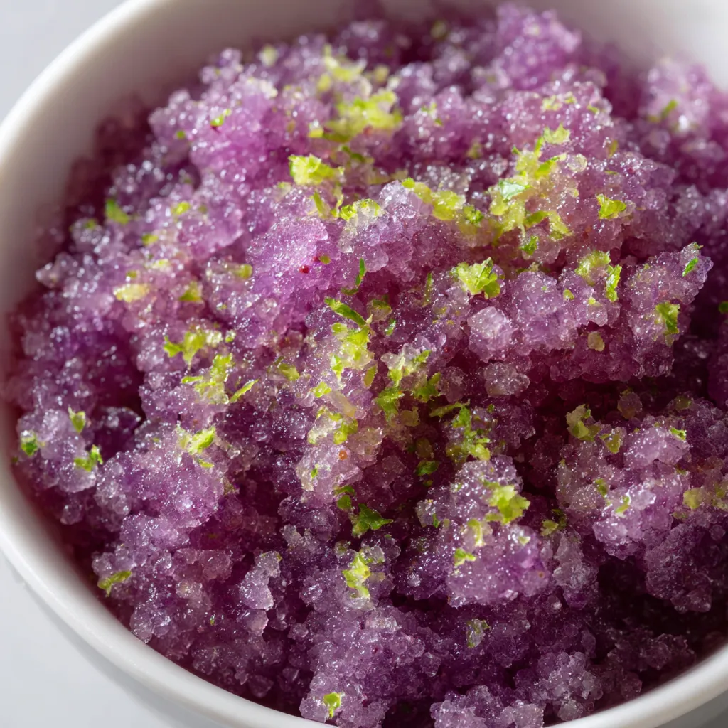 A bowl of purple granita with yellow lime.