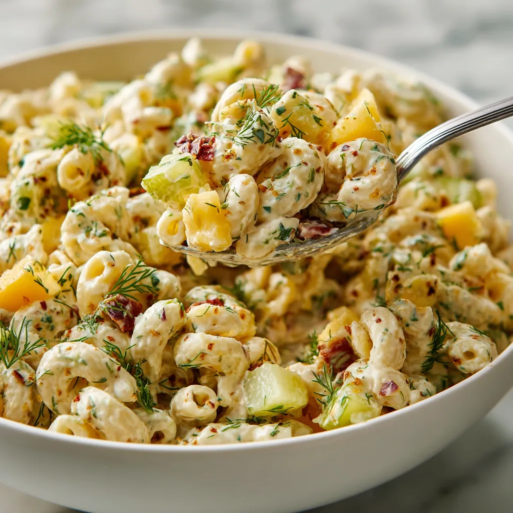A bowl of dill pickle pasta salad.