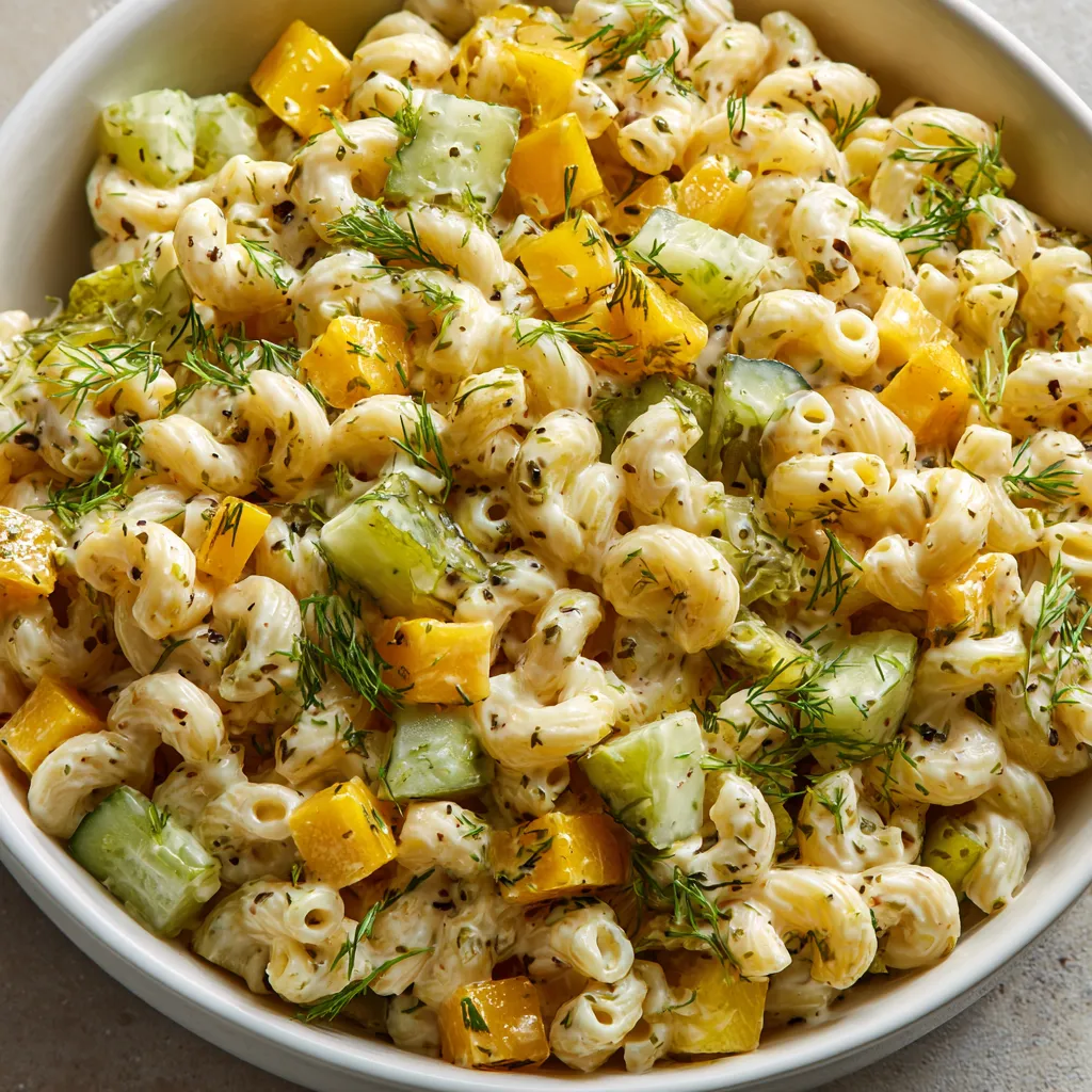 A bowl of pasta salad with dill pickles.