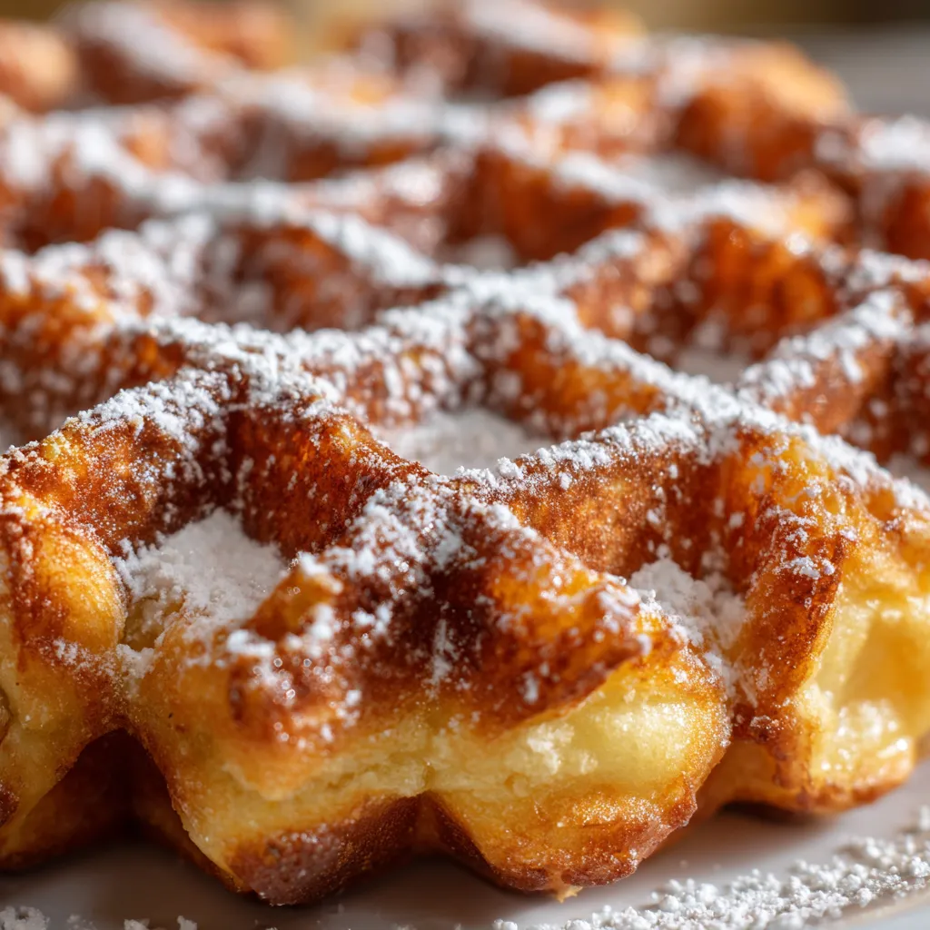 A plate of croffles with powdered sugar on top.