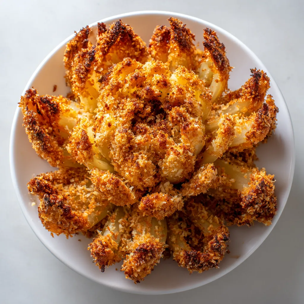 A plate of food with a blooming onion.