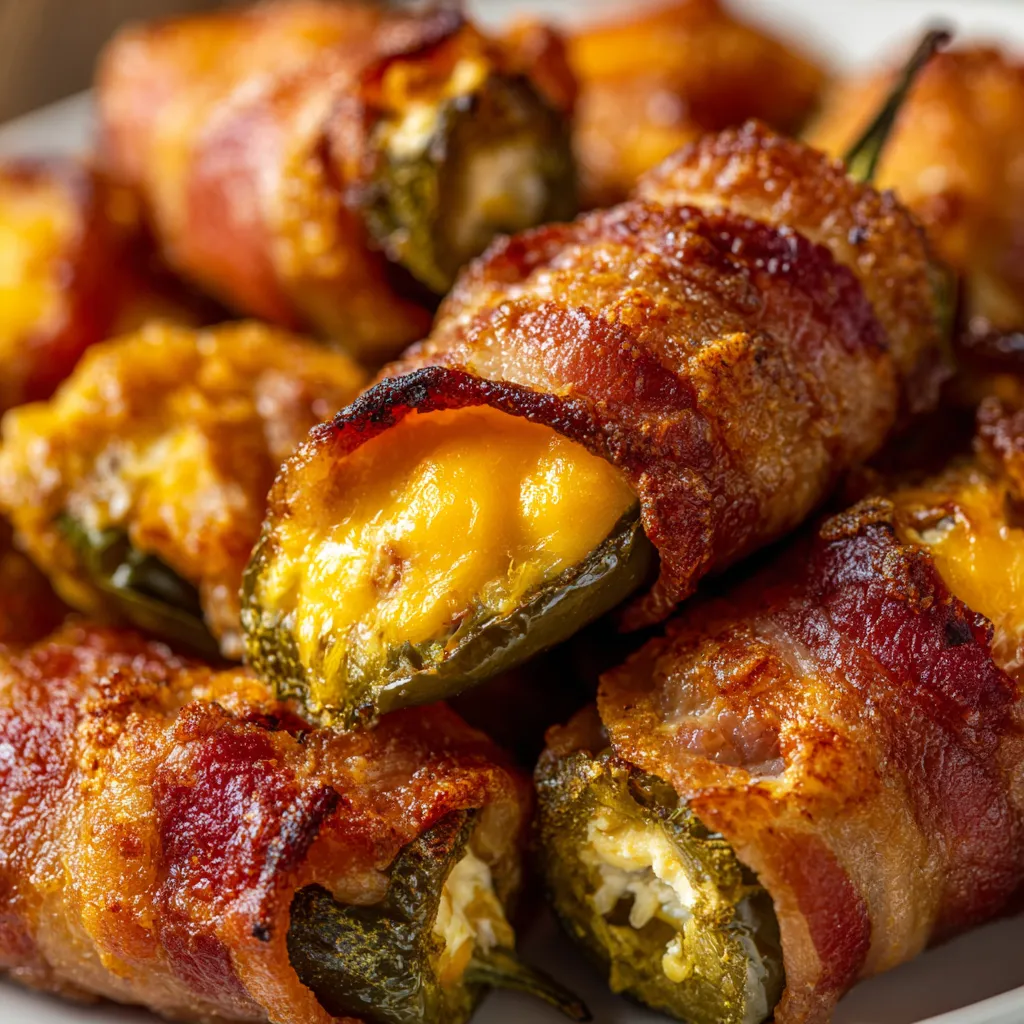 Bacon-wrapped jalapeno poppers on a plate.