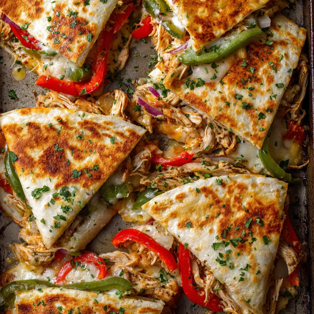 A pan of chicken fajita quesadillas.