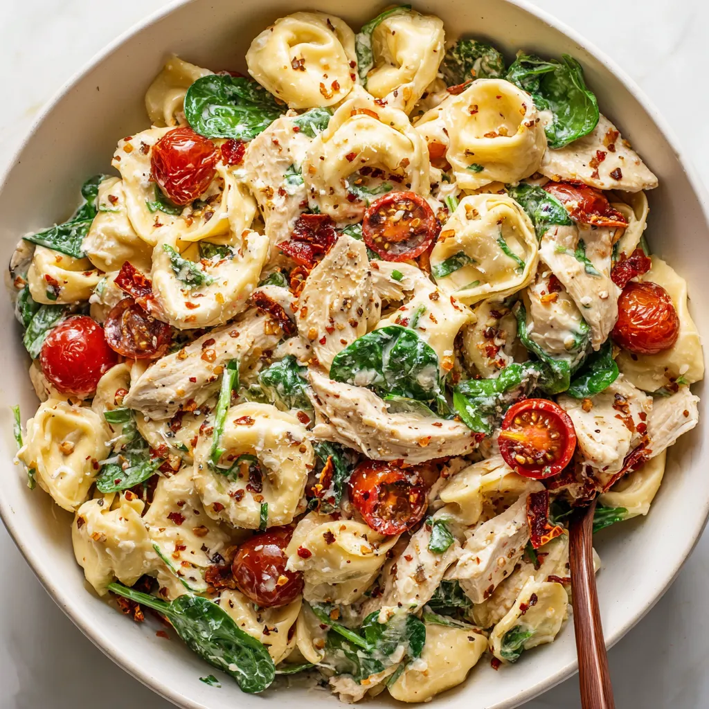 A bowl of chicken pasta salad.