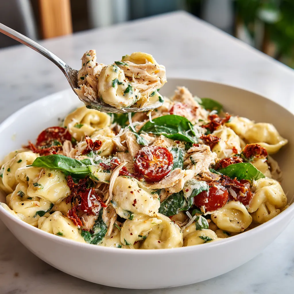 A bowl of pasta salad with chicken and tomatoes.
