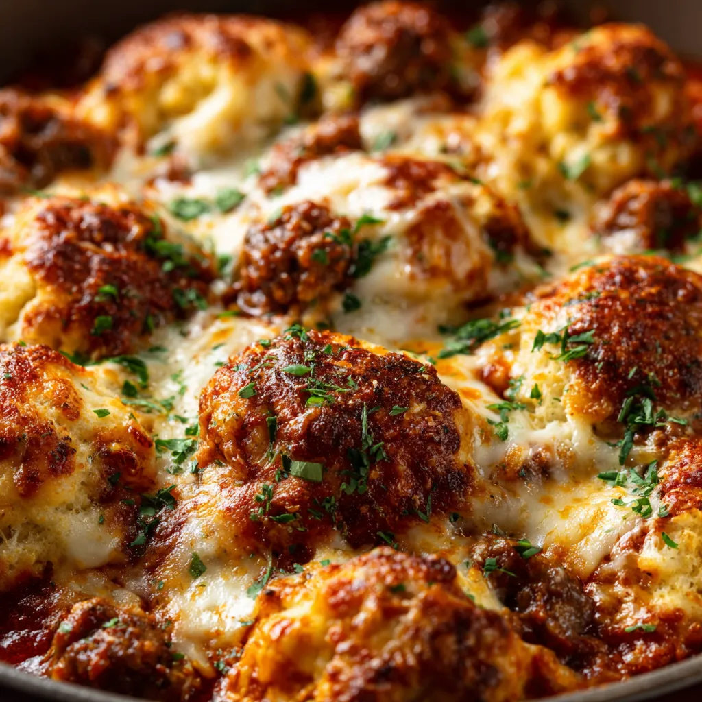 A close up of a bubble pizza with cheese and meat.