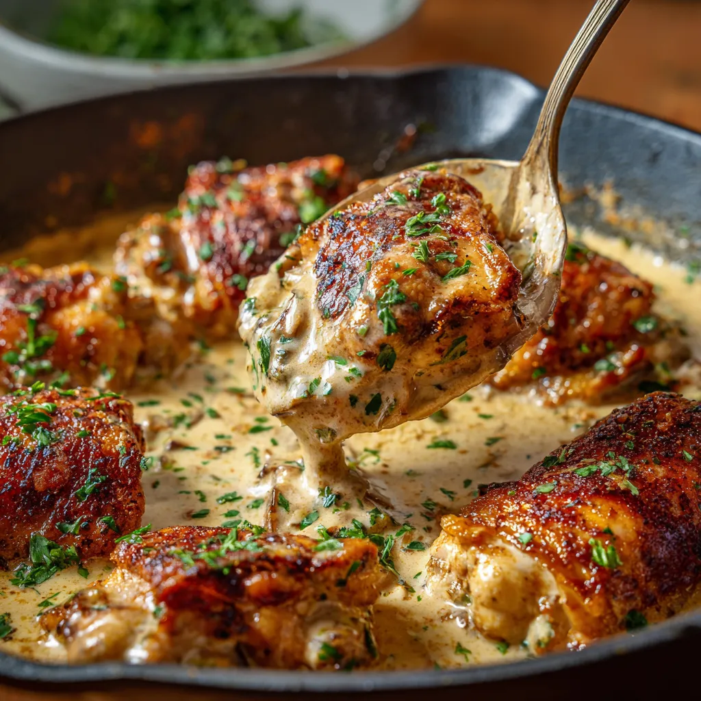 A skillet of chicken with sauce.