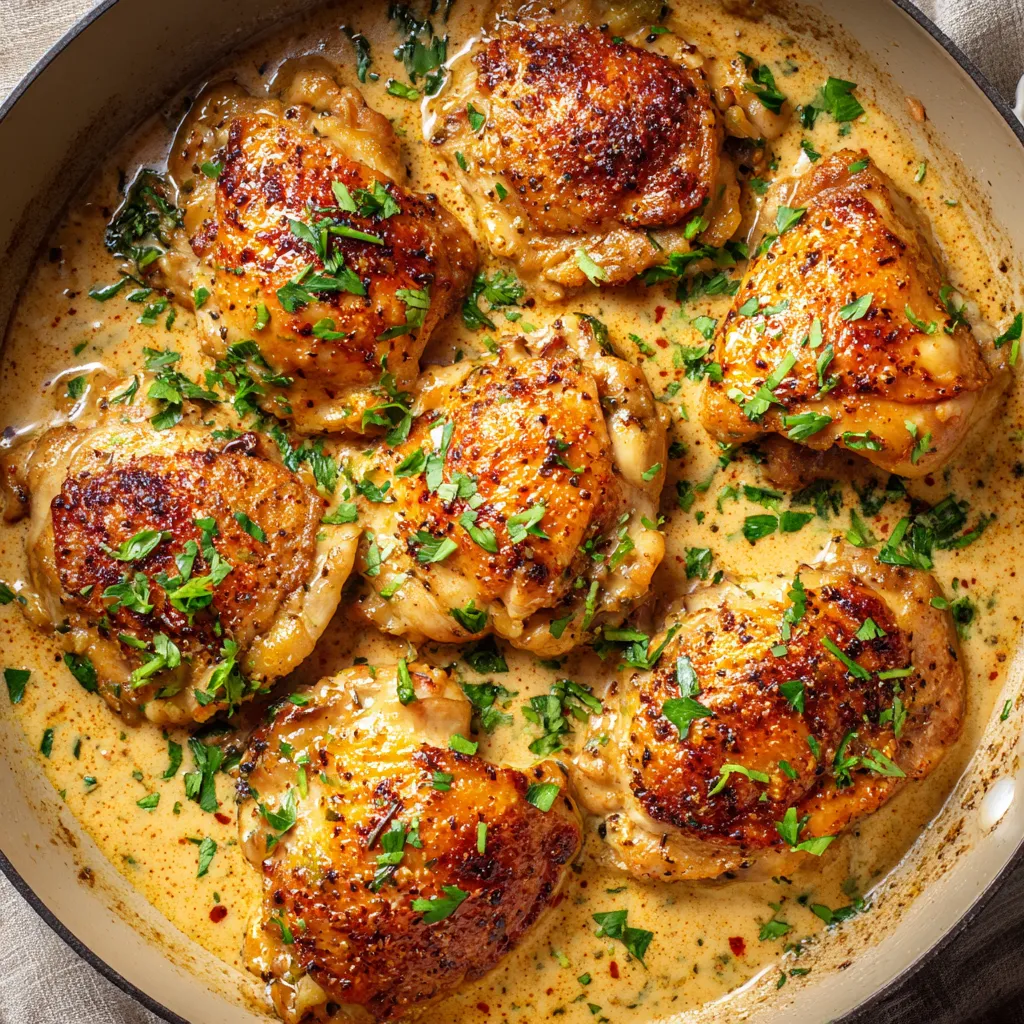 A skillet of chicken with herbs and spices.