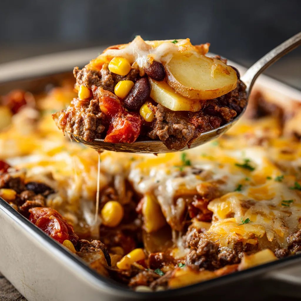 A spoon is being used to serve a shipwreck casserole.