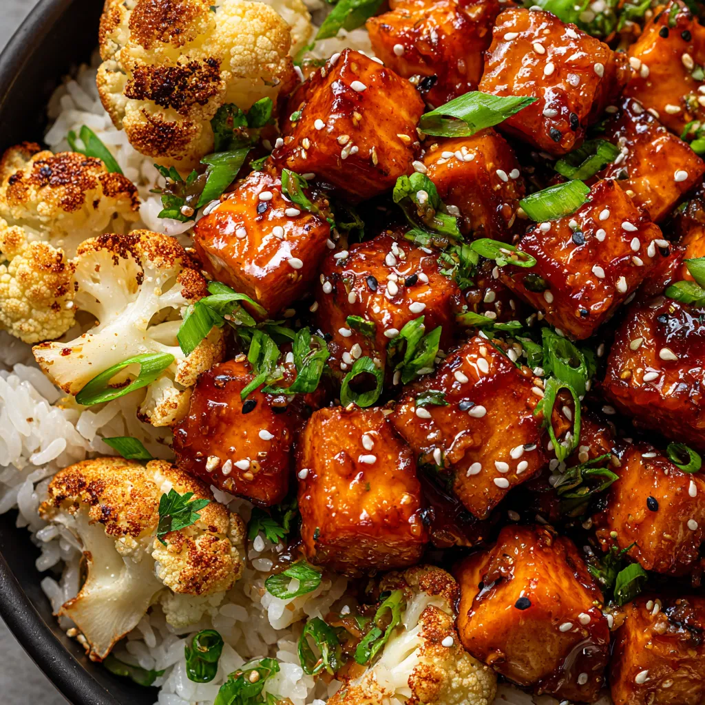 A bowl of food with rice, cauliflower, and meat.