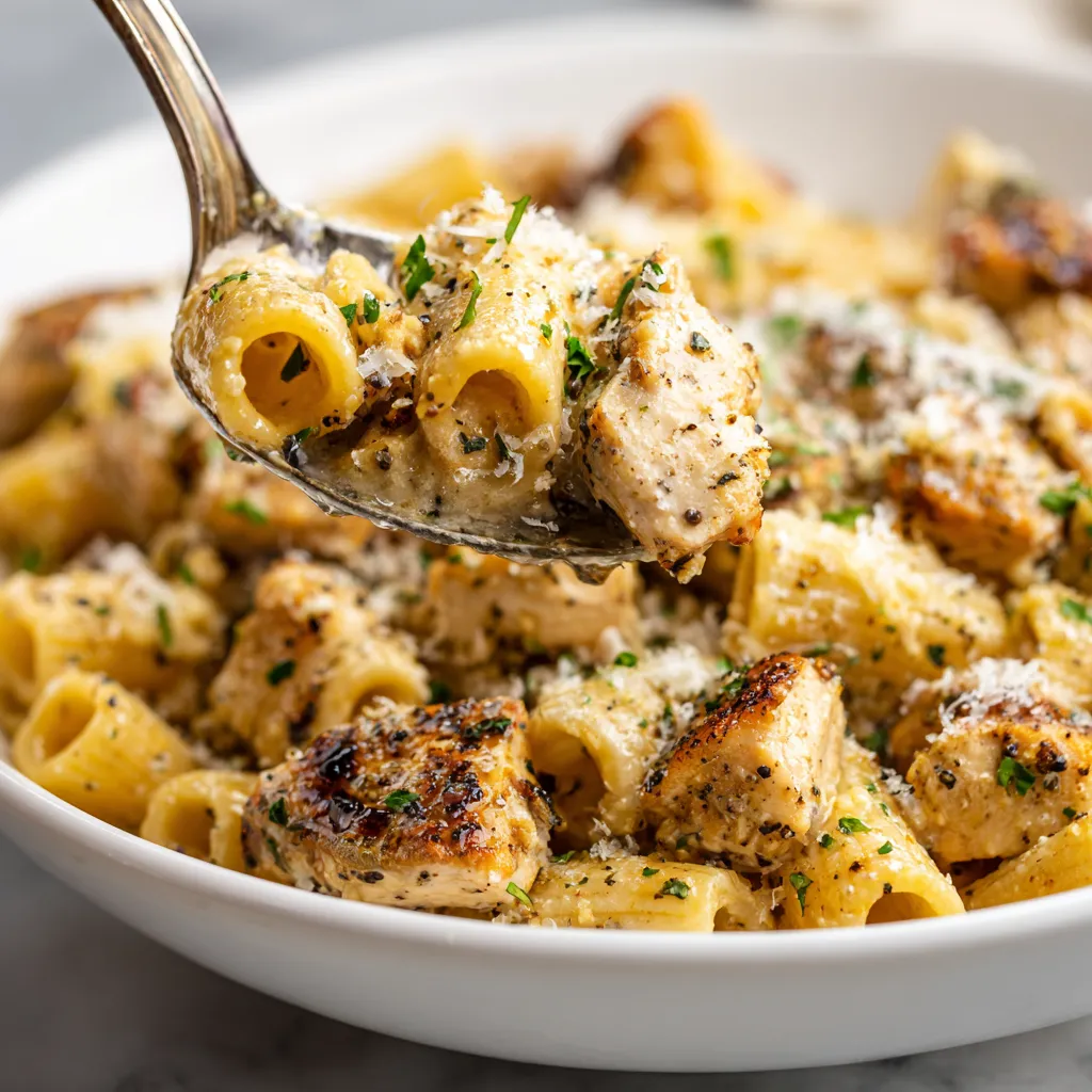 A bowl of garlic butter chicken with rigatoni and parmesan.