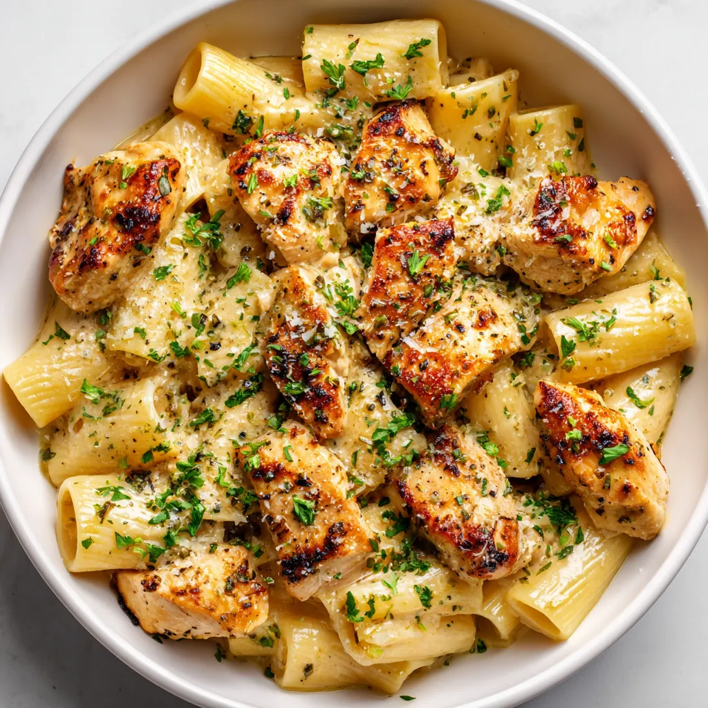 A bowl of chicken with rigatoni and parmesan.
