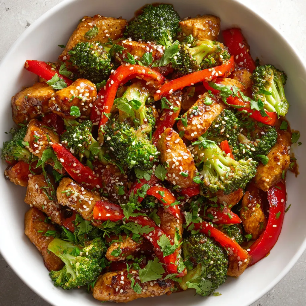A bowl of stir fry with broccoli and peppers.