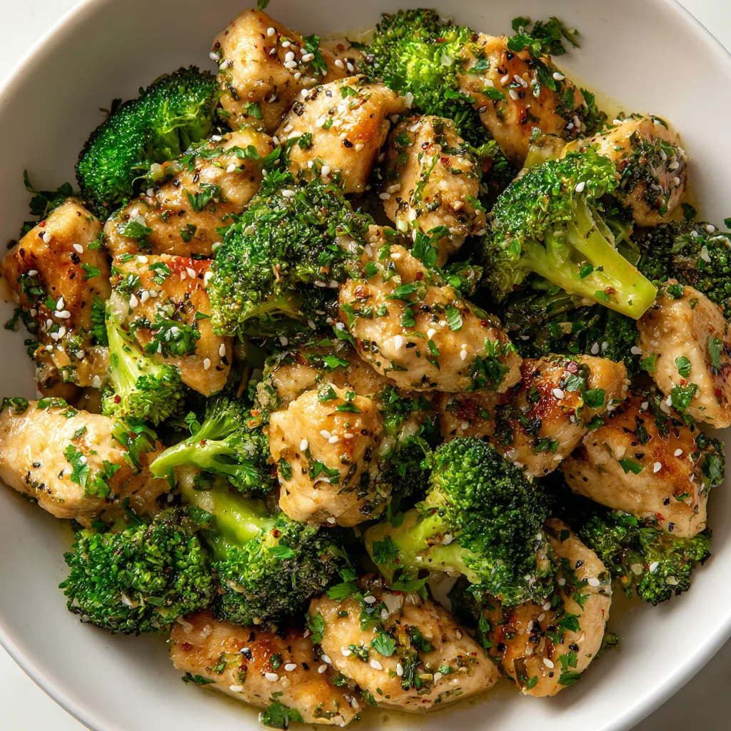 A bowl of garlic butter chicken and broccoli.