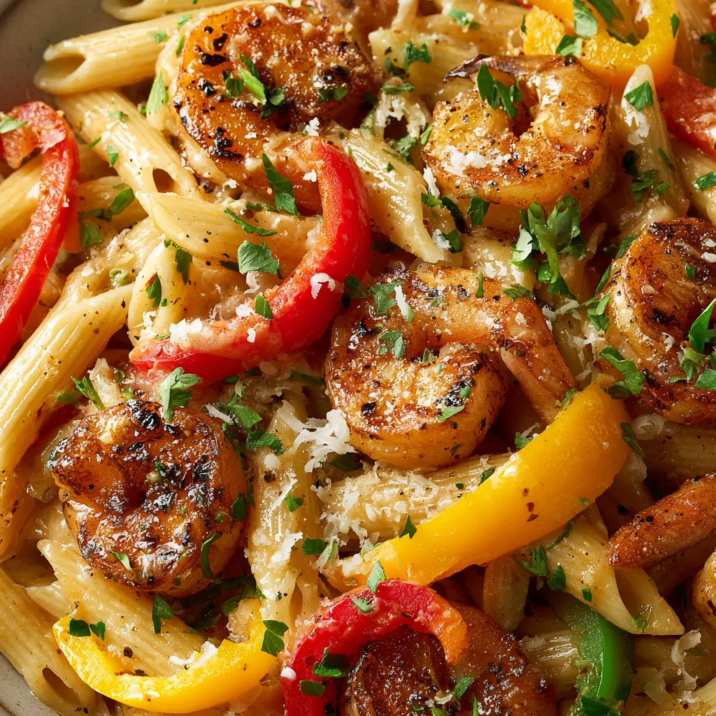 A bowl of creamy jamaican shrimp rasta pasta.