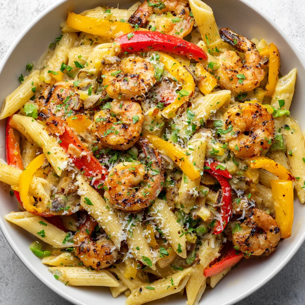 A bowl of shrimp and pasta.