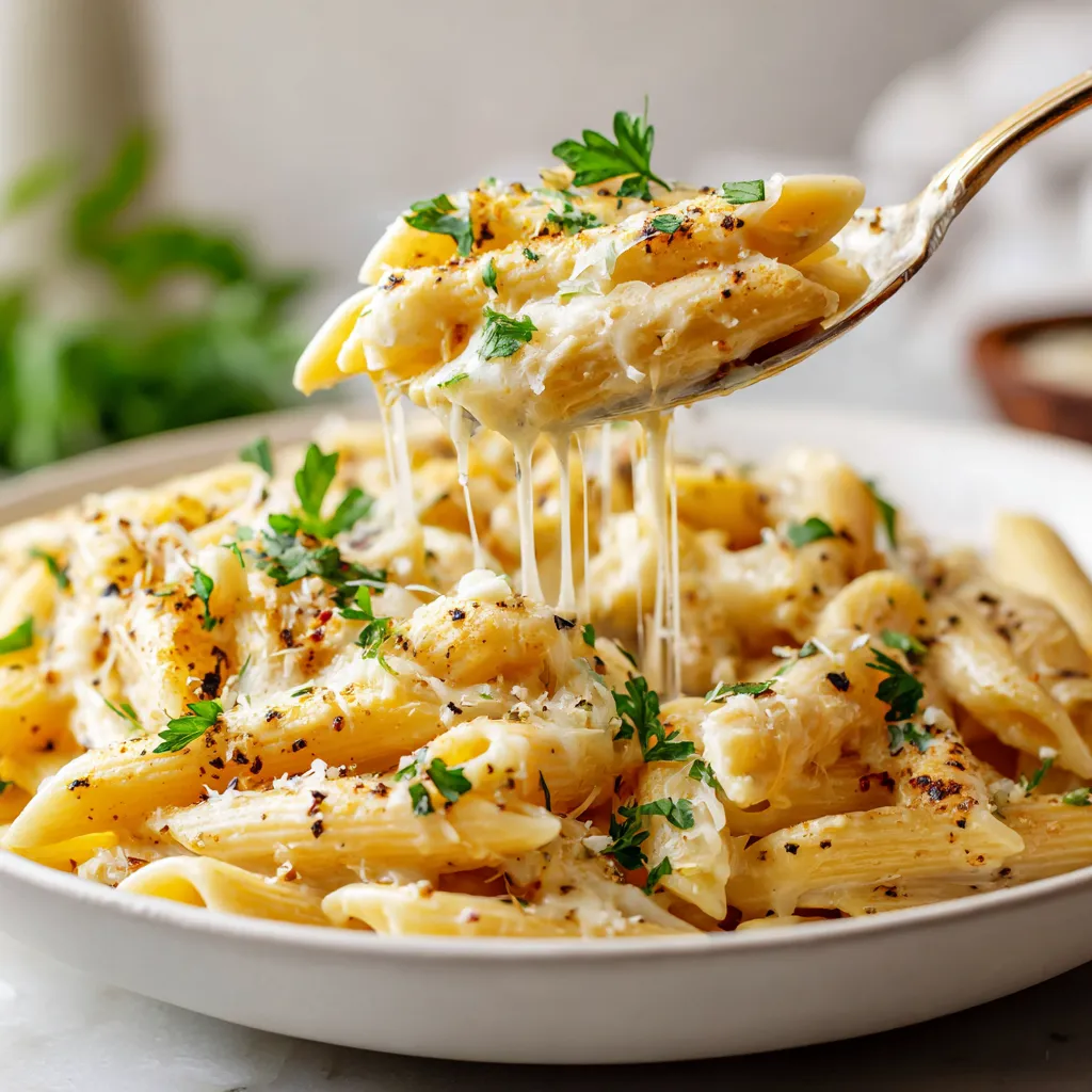 A bowl of creamy garlic penne pasta.
