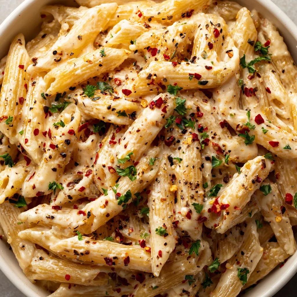A bowl of creamy garlic penne pasta.