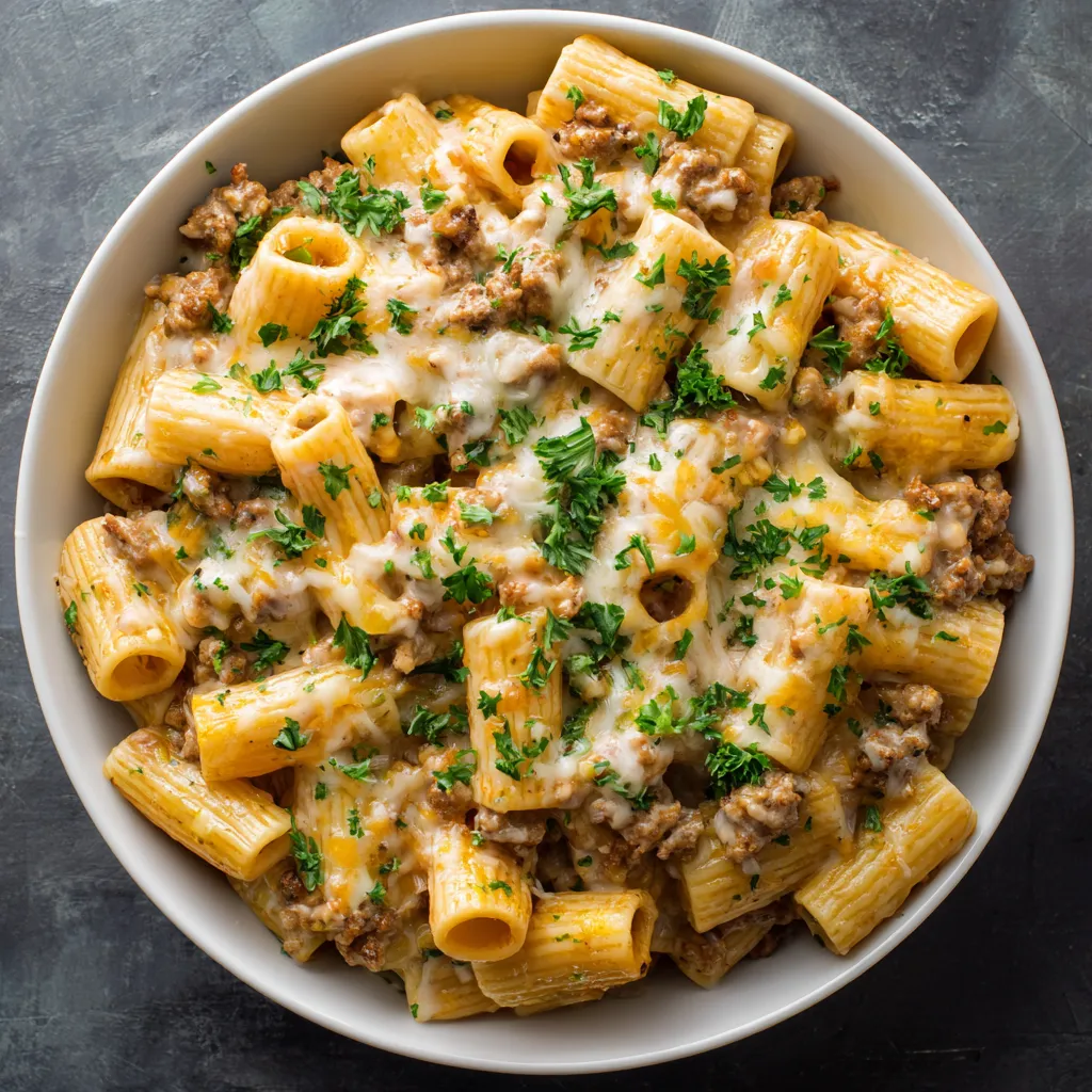 A bowl of pasta with cheese and ground turkey.