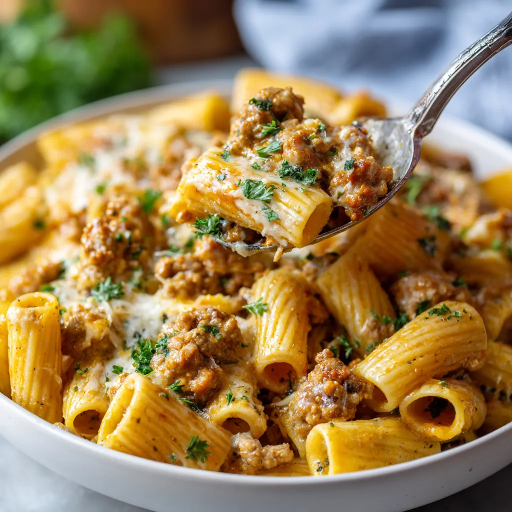 A bowl of pasta with cheese and ground turkey.