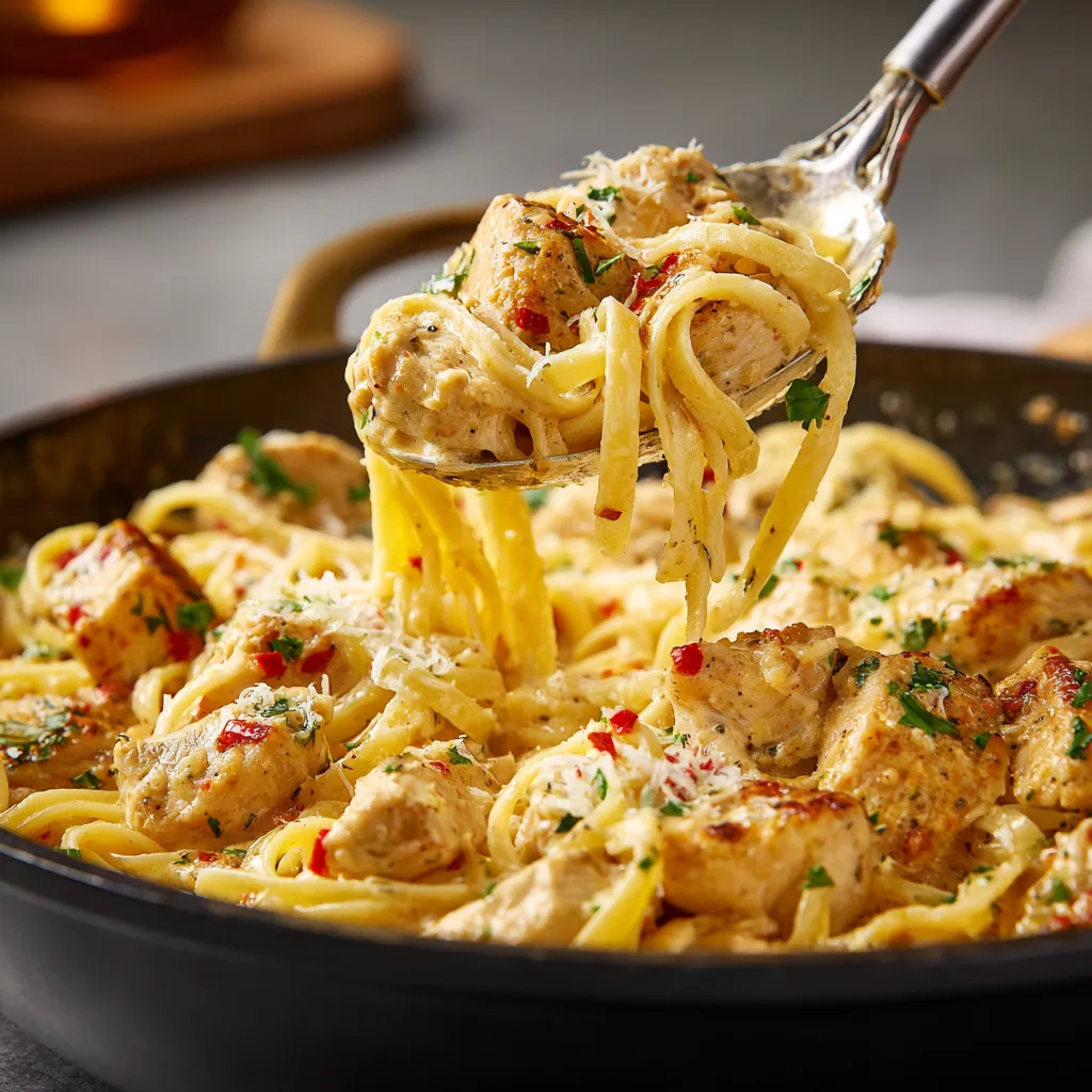 A fork is being used to serve a bowl of Cowboy Butter Chicken Linguine.