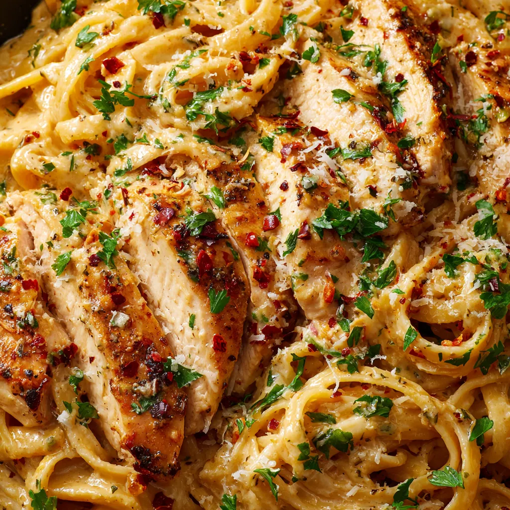 A dish of chicken and pasta with red peppers.