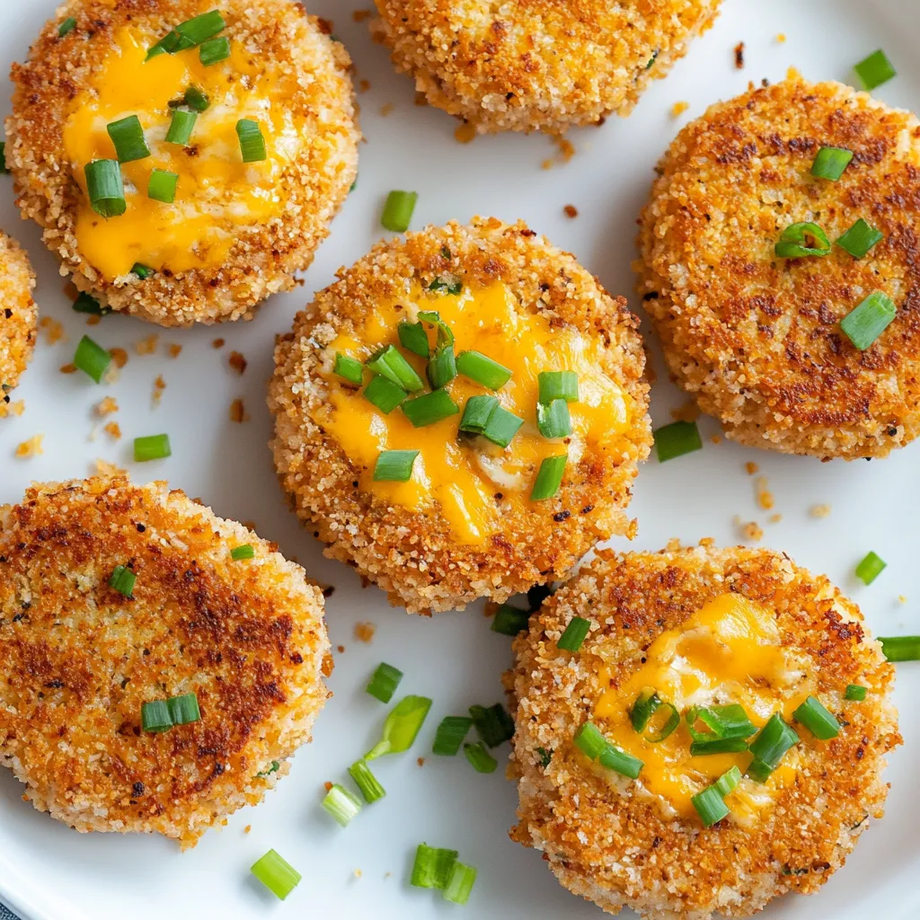 A plate of tuna melt patties with green onions on top.