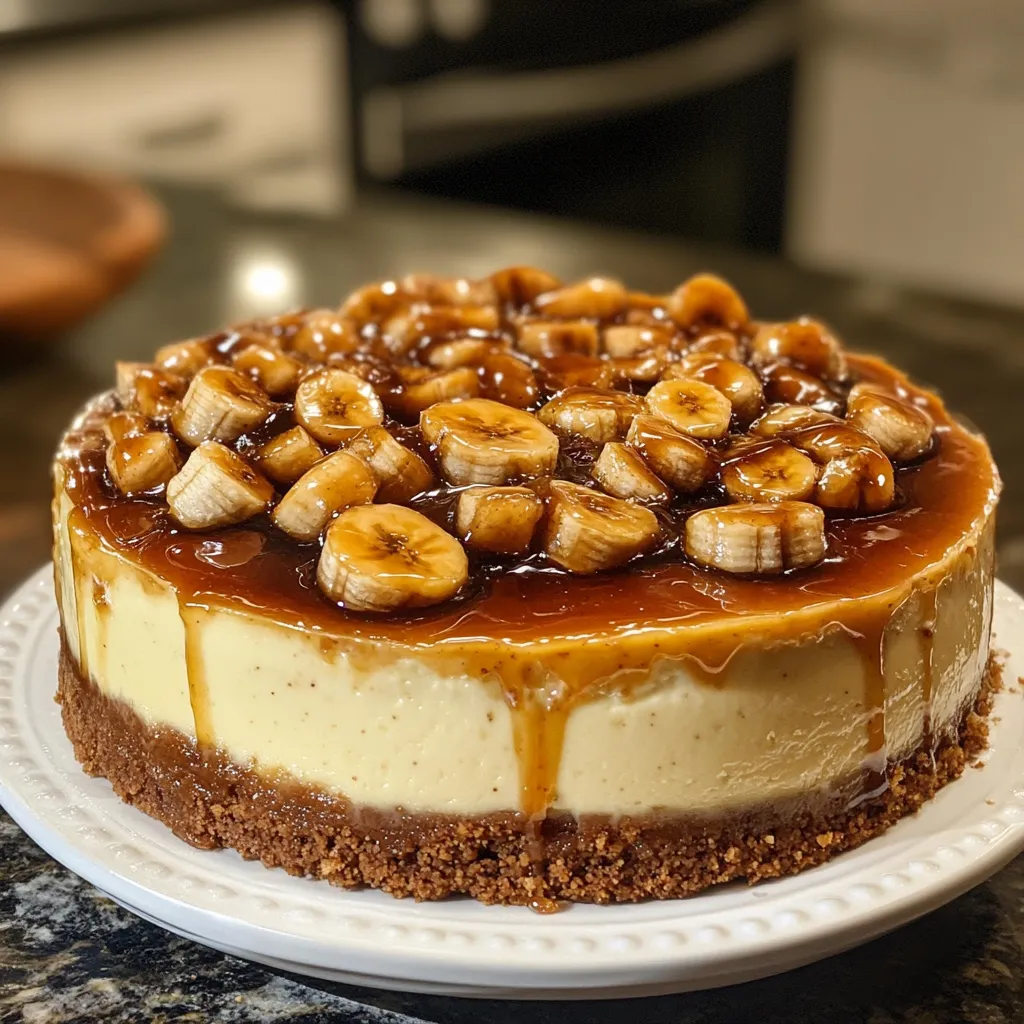 A slice of caramelized banana cheesecake with rum glaze.