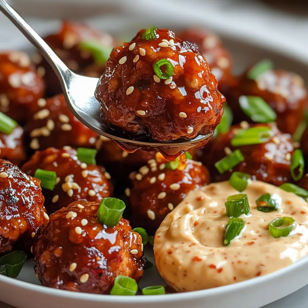A plate of Korean BBQ meatballs with spicy mayo dip.