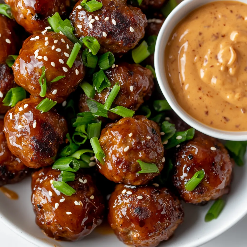 A plate of Korean BBQ meatballs with spicy mayo dip.