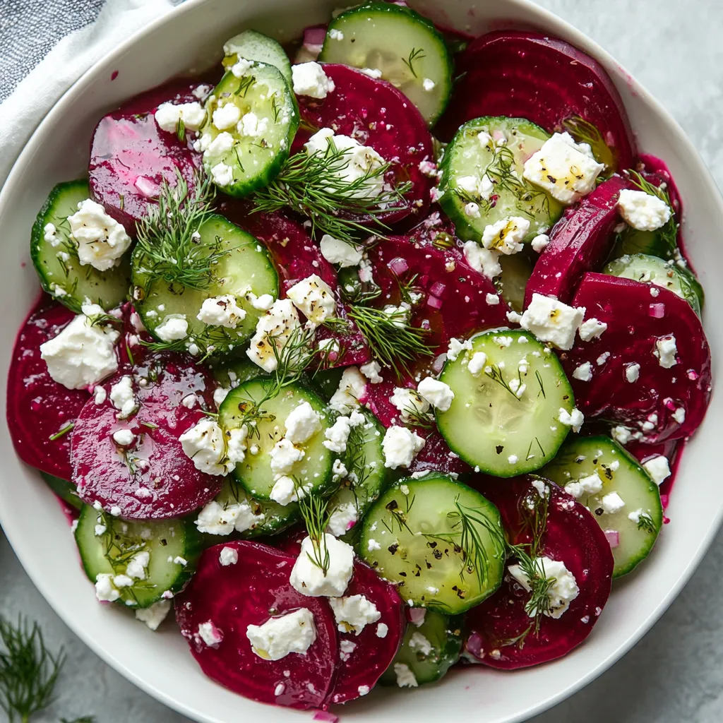 A white bowl filled with a salad of beets, cucumbers, and feta cheese.