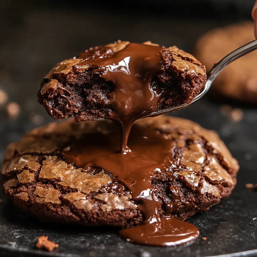A chocolate lava cookie with chocolate drizzled on top.