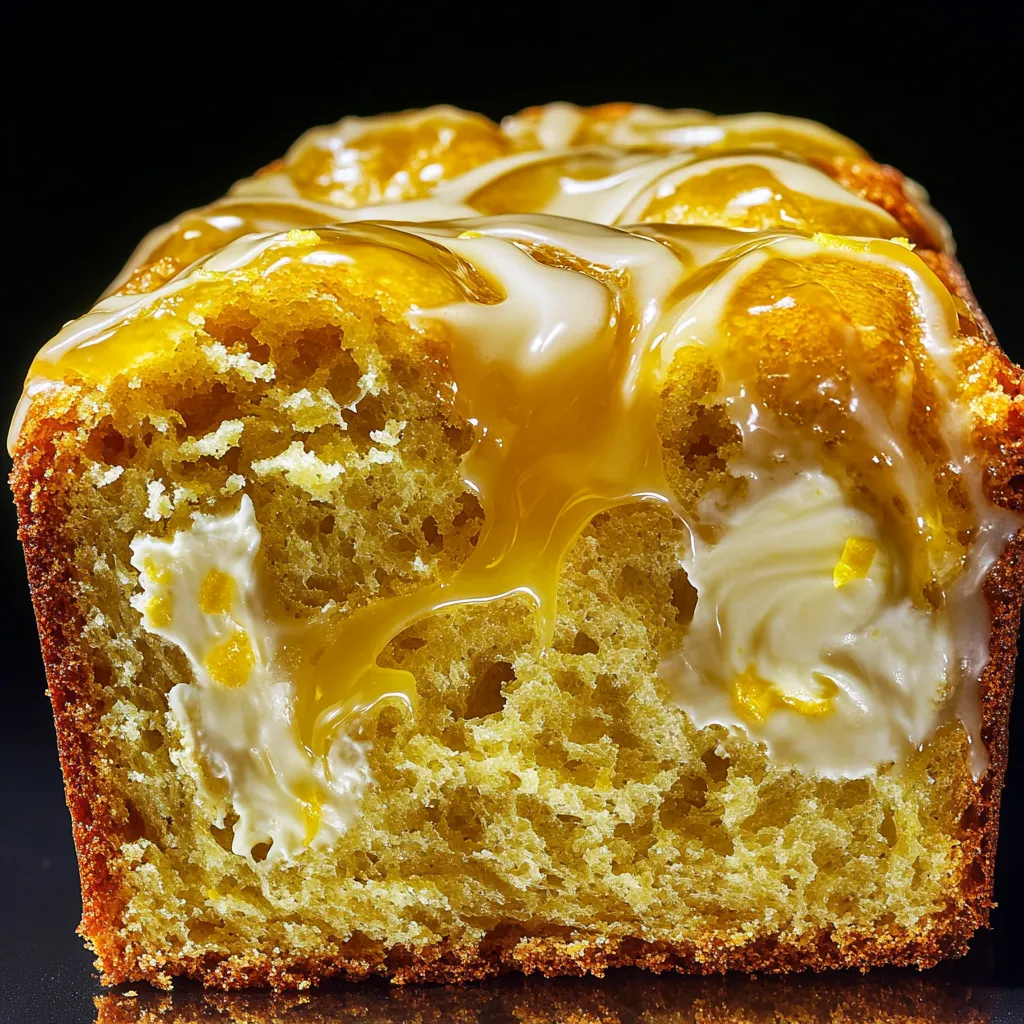 A slice of lemon cream cheese bread with a citrus glaze.