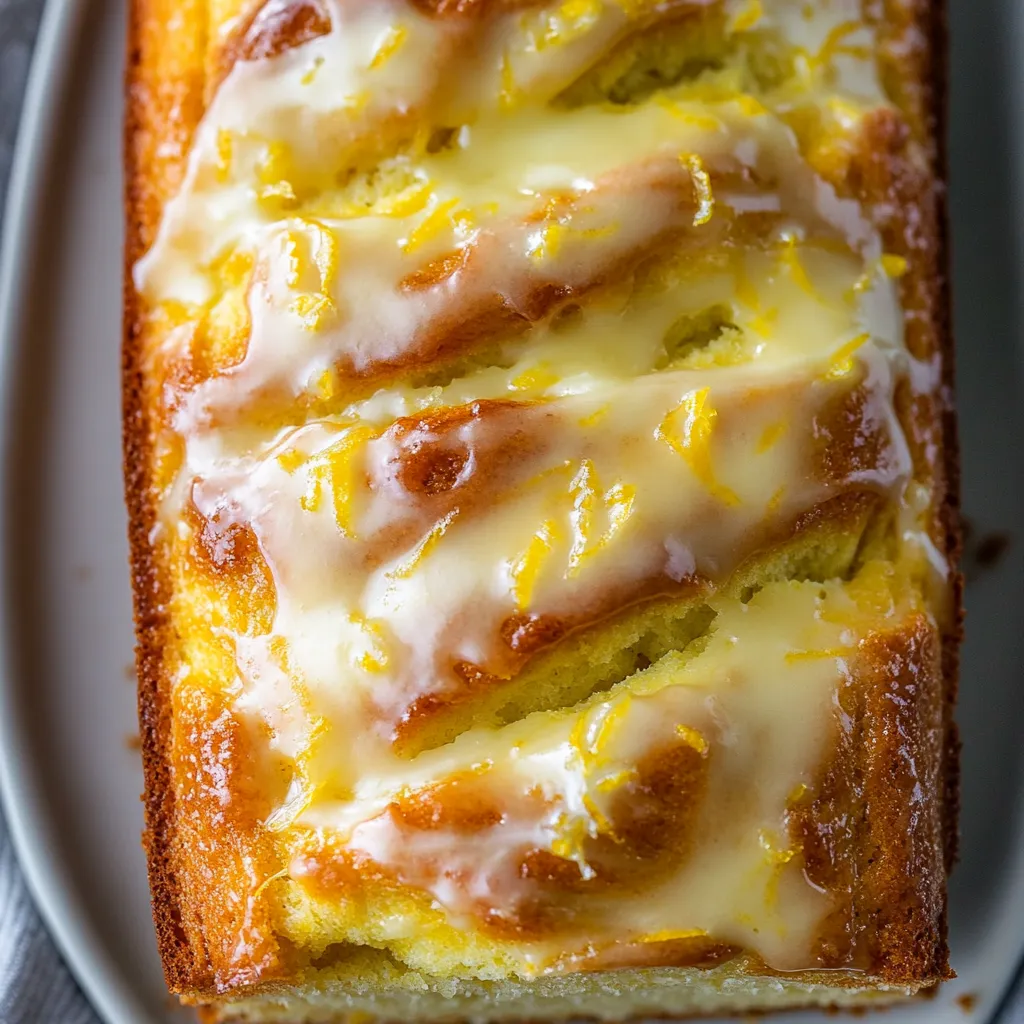 A slice of lemon cream cheese bread with citrus glaze.