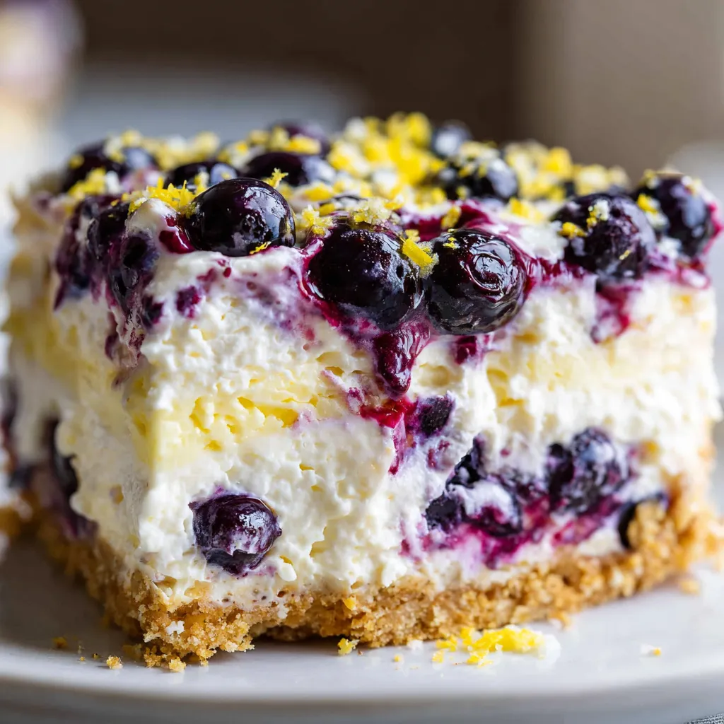 A slice of a no-bake lemon dazzling blueberry cream cake.