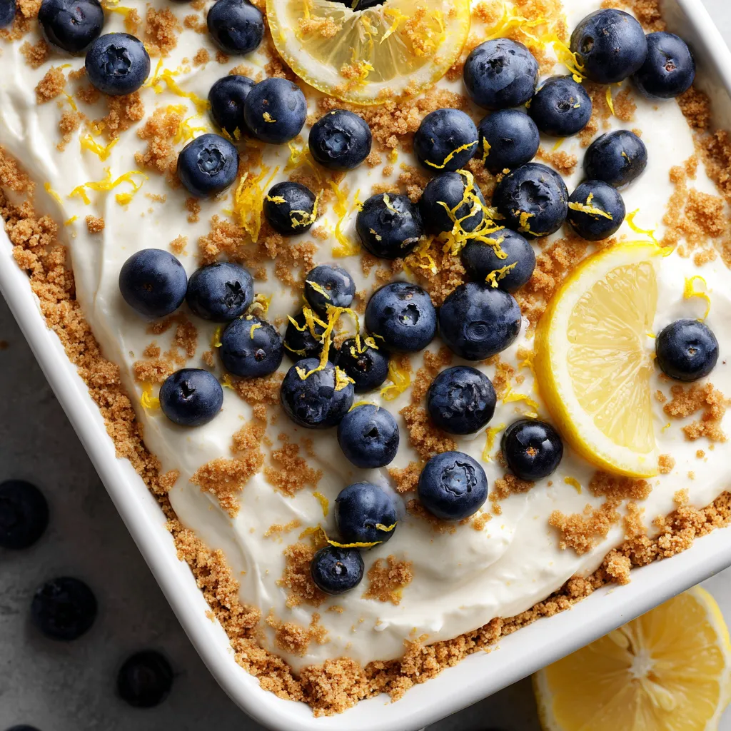 A close up of a no-bake lemon dazzling blueberry cream cake.