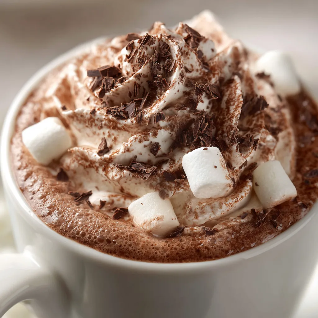 A cup of whipped hot chocolate with marshmallows on top.