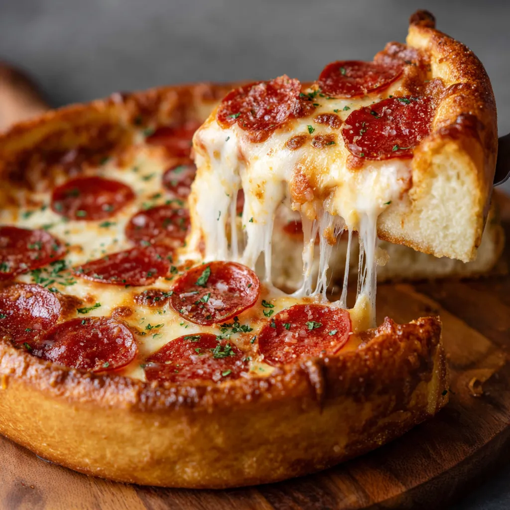 A slice of stuffed crust pepperoni pizza.