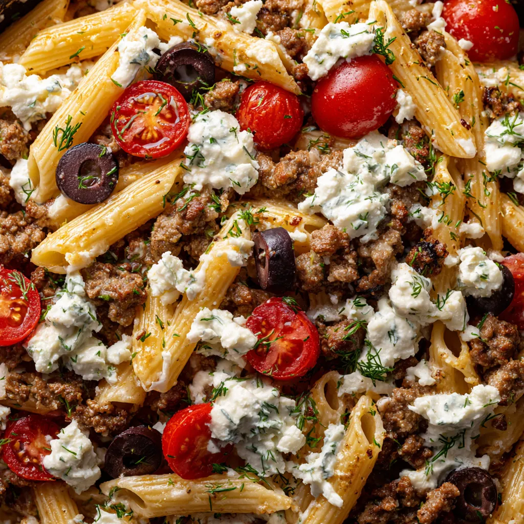 A dish of pasta with meat and vegetables.