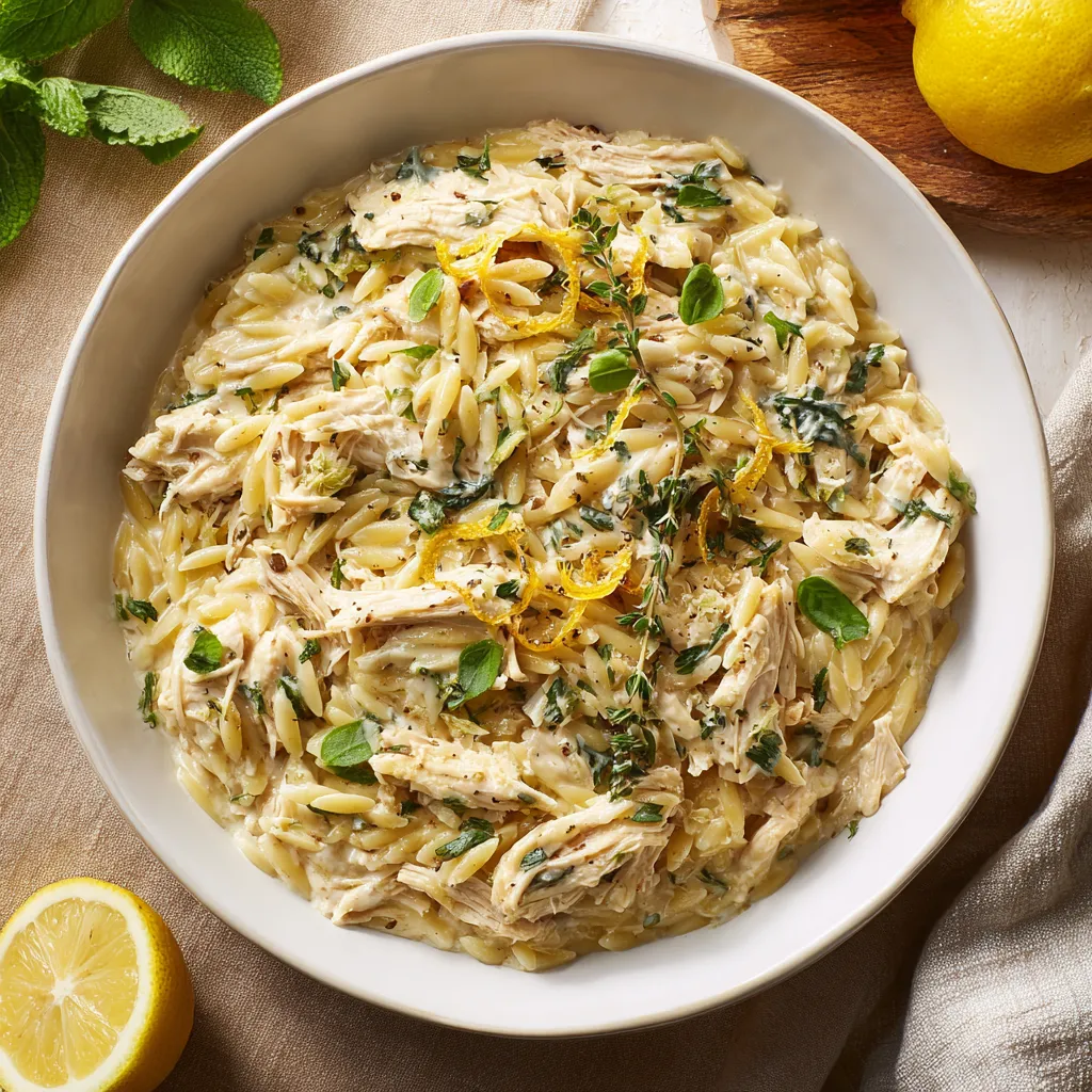 A bowl of creamy lemon herb chicken orzo.
