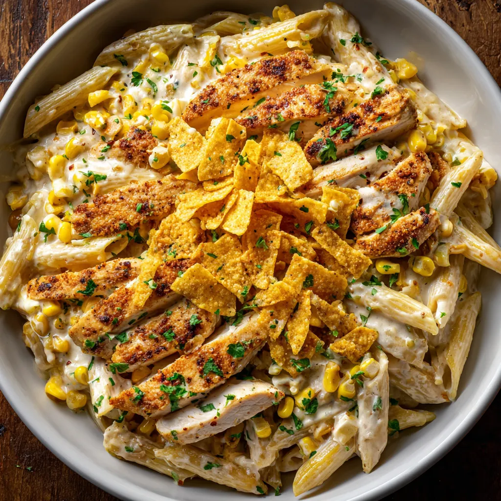 A bowl of creamy cajun chicken alfredo with roasted corn.