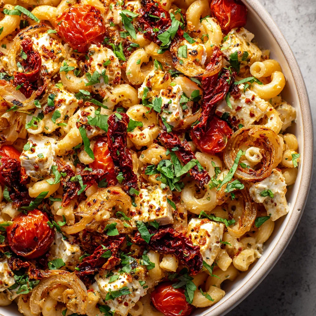 A bowl of pasta with tomatoes and feta cheese.