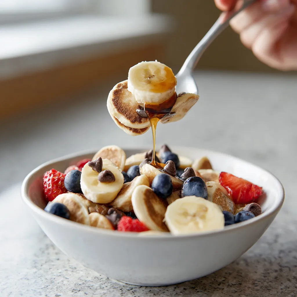 A person is eating a bowl of mini pancake cereal.