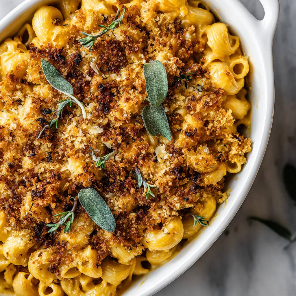 A bowl of mac and cheese with a green herb on top.