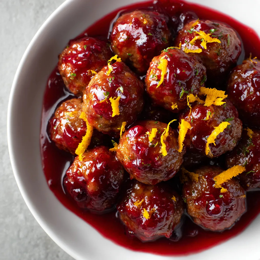 A bowl of meatballs with orange and cranberry sauce.