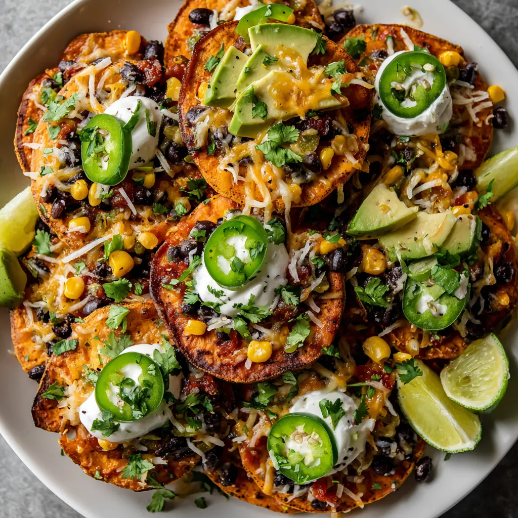 A plate of loaded sweet potato nachos.
